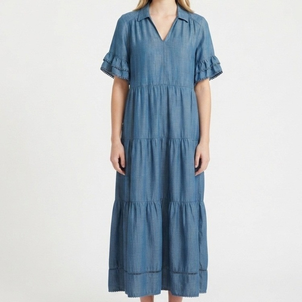 Chico's Tiered Maxi Dress Womens 2 US 12 Blue Tencel Ruffle V-Neck Pockets
